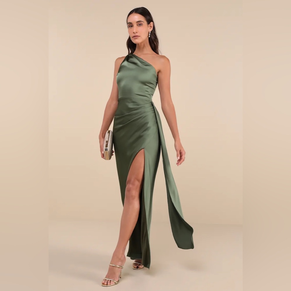 Signature Elegance Olive Green Satin One-Shoulder Maxi Dress
